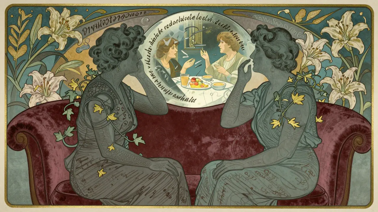 Dospělá dvojice sedí spolu, mezi nimi odraz jejich vztahových konfliktů.