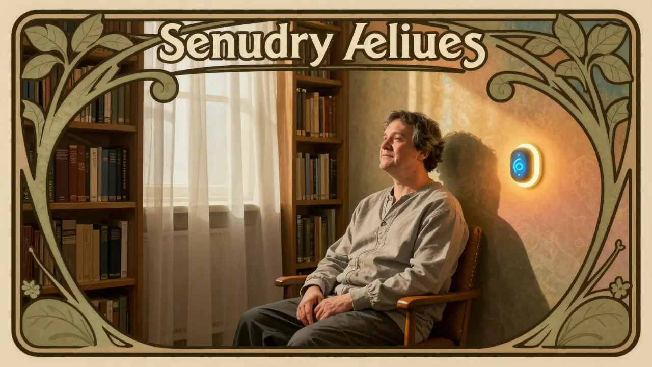 Dospělý s autismem v klidném prostředí s akustickými panely a senzorickým monitorováním.