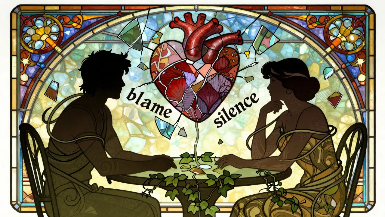 Dva lidé sedí u stolu, mezi nimi plavou rozbité zrcadla a slova značící komunikační bariéry.