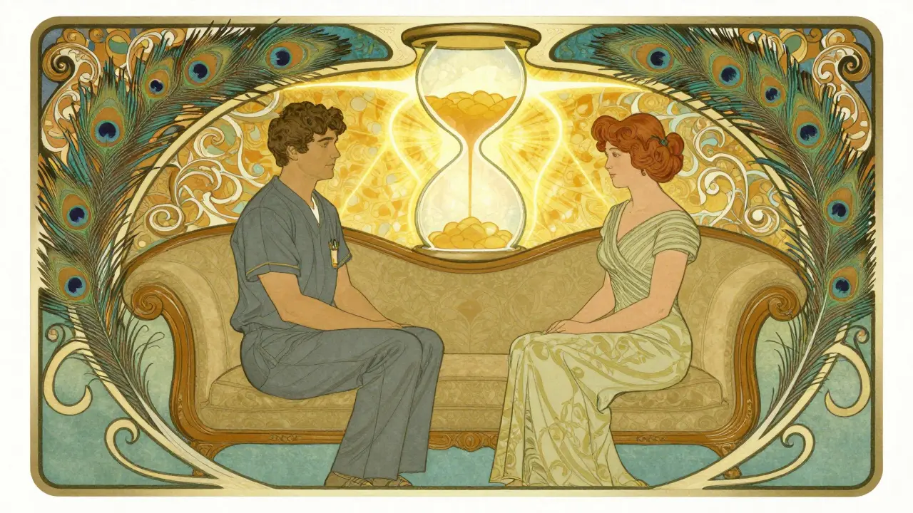 Dva terapeuti sedí po stranách dvojice, okolo nich se vznášejí paví peří a spirály.