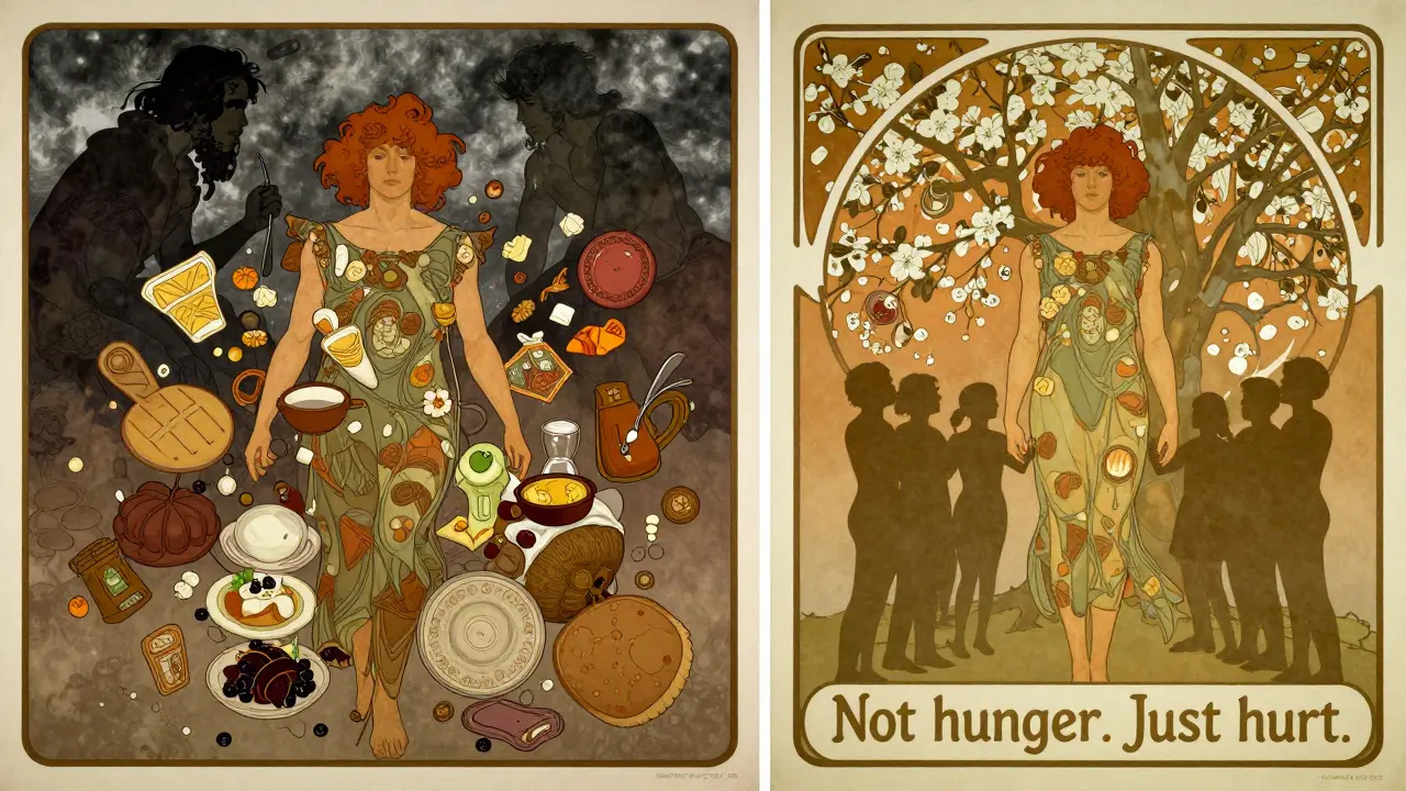 Dvě strany jedné osoby: jedna zničená jídlem, druhá spojená s podporou a nadějí.