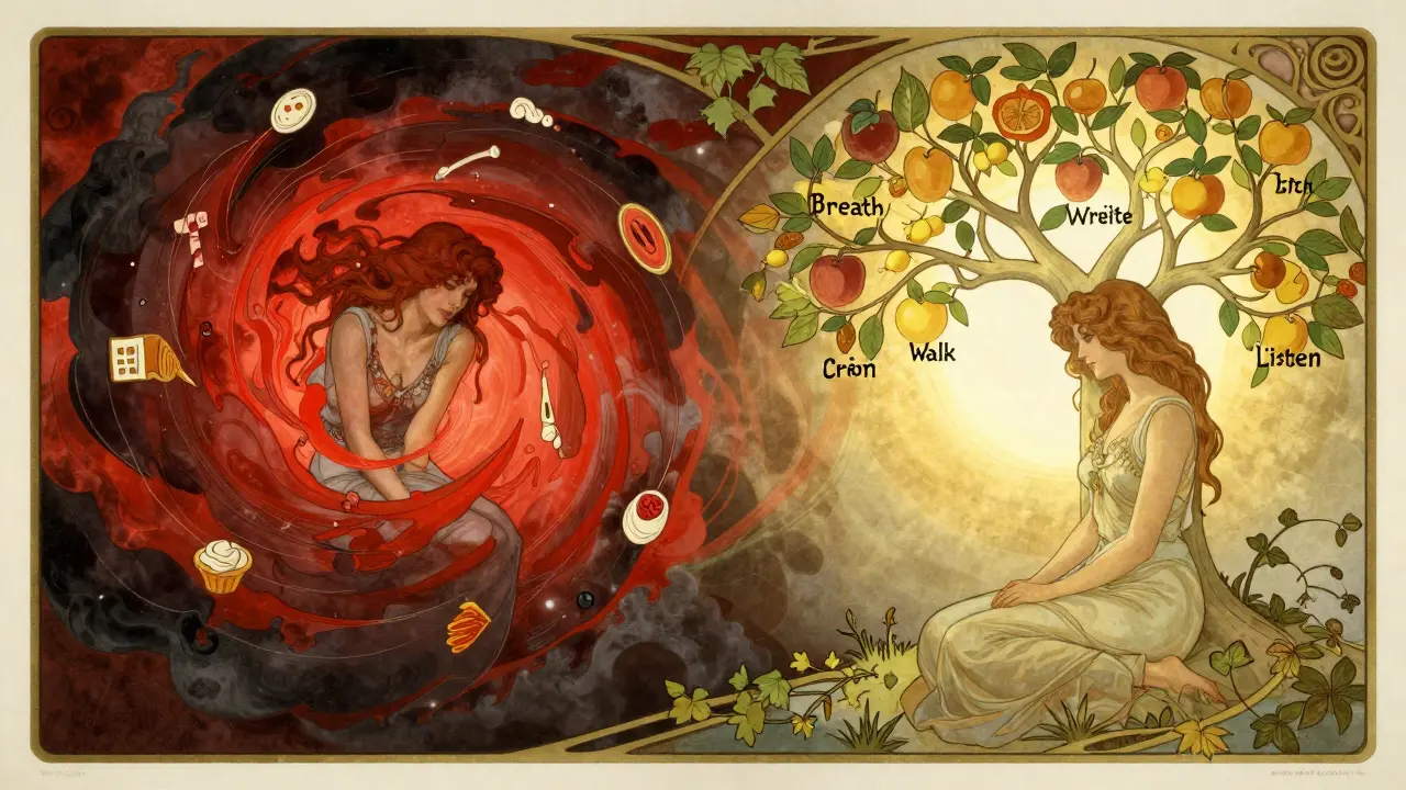 Dvě strany jedné ženy: jedna ve stresu, druhá v klidu, spojené zlatým světlem s DBT dovednostmi.