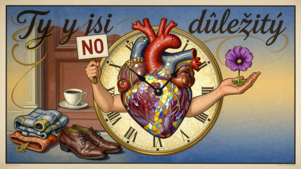 Hodiny ve tvaru srdce s 'NE' a květinou, symbolizující hranice a sebepořádek.