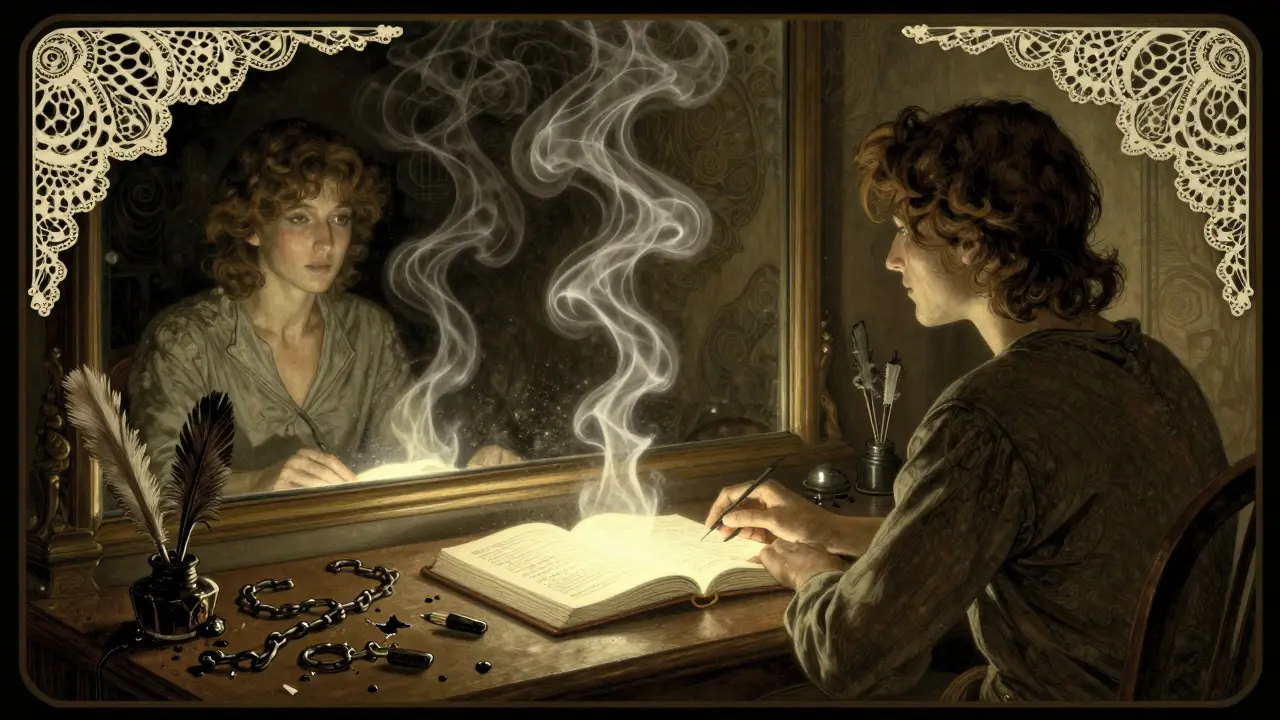 Jedna osoba sedí samotná, zrcadlo odrazí dva obrazy, myšlenky se vznášejí ve vzduchu.