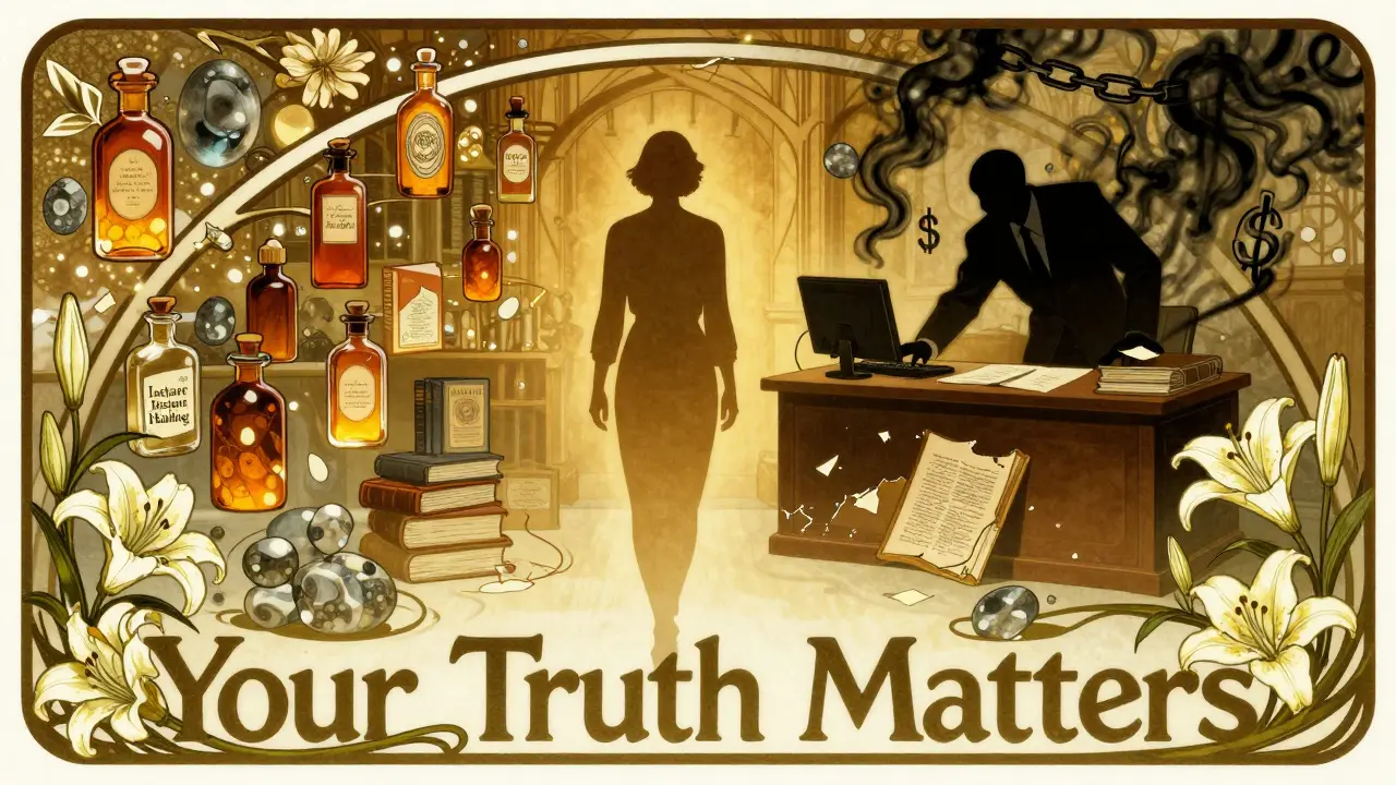 Klient odchází od ordinace plné nelegitimních produktů, zatímco světlo a přírodní motivy symbolizují svobodu a sebepéči.