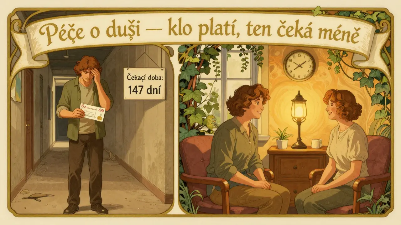 Kontrast mezi dlouhou čekací dobou ve veřejné péči a rychlou soukromou terapií v Art Nouveau stylu.