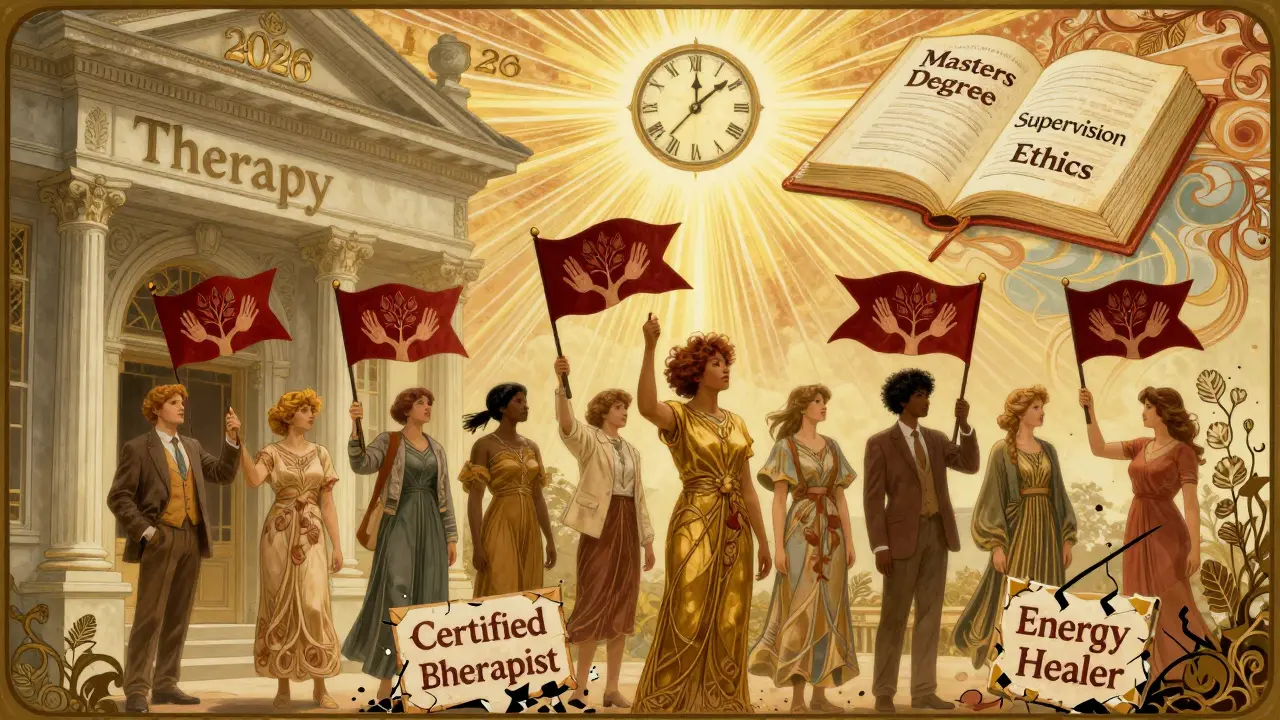 Lidé drží červené vlajky, které se mění v stromy, zatímco staré nekvalifikované tituly mizí, a nový zákon 2026 přichází jako zářivá naděje.