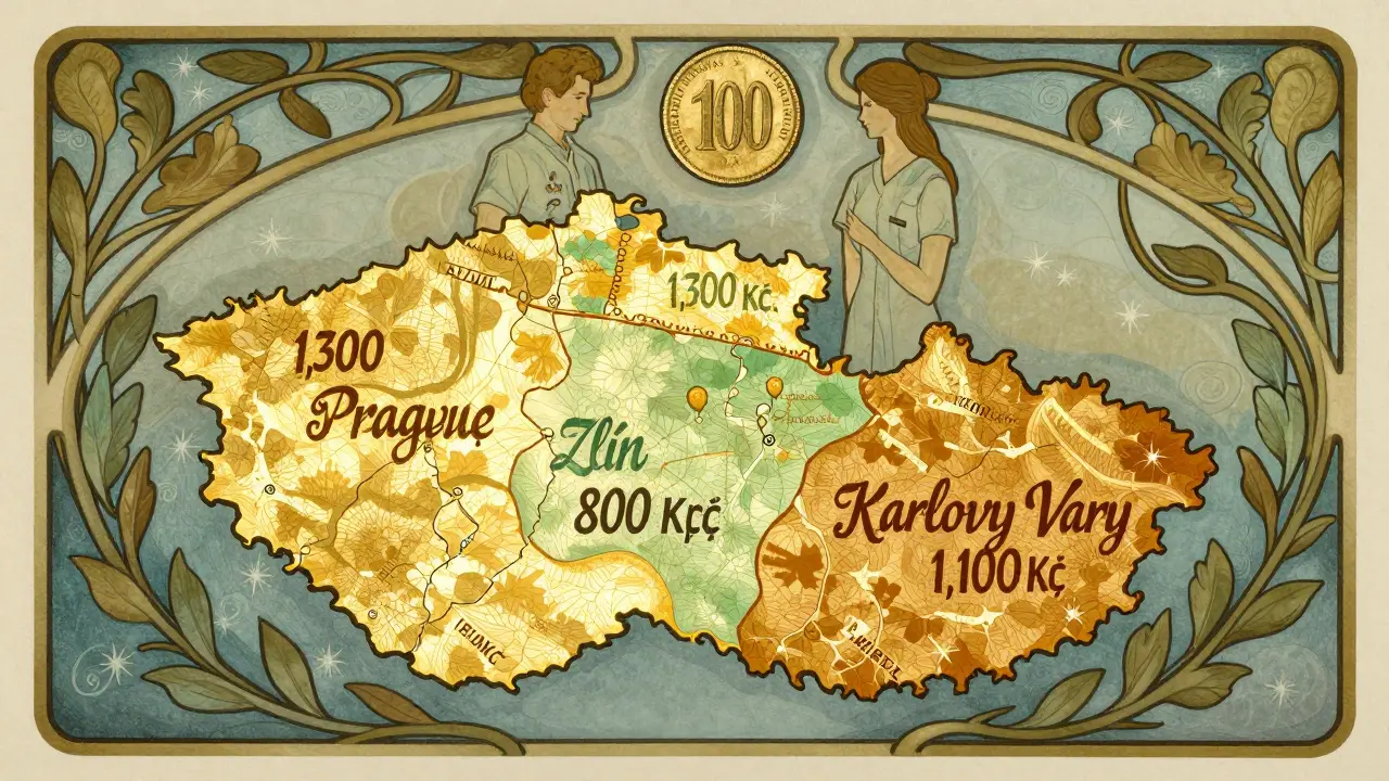 Mapa Česka s cenami terapie v různých městech a pohlaví terapeutů vyznačené zlatými mincemi.