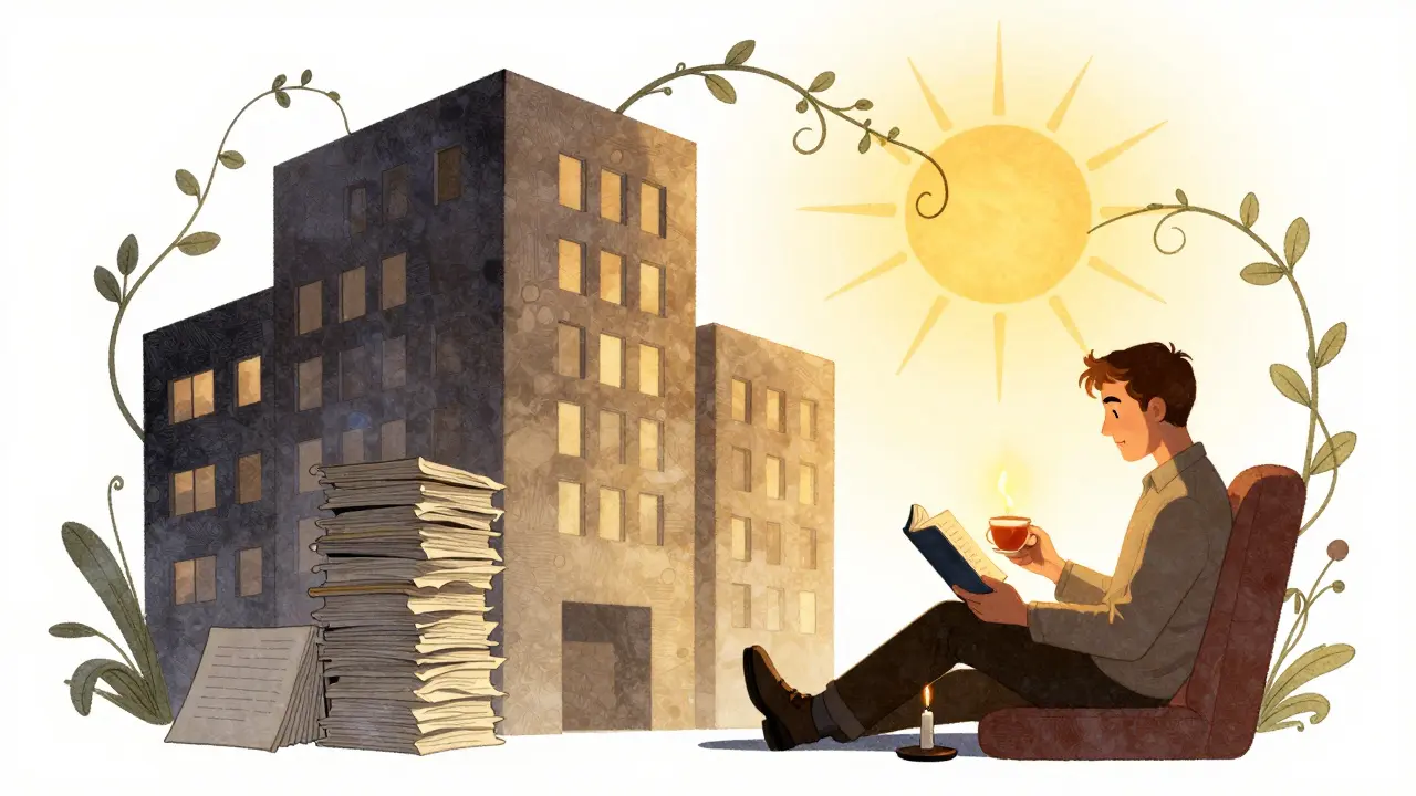 Muž v klidné místnosti, polovina jeho těla je v stínu práce, druhá v teple klidu a odpočinku.