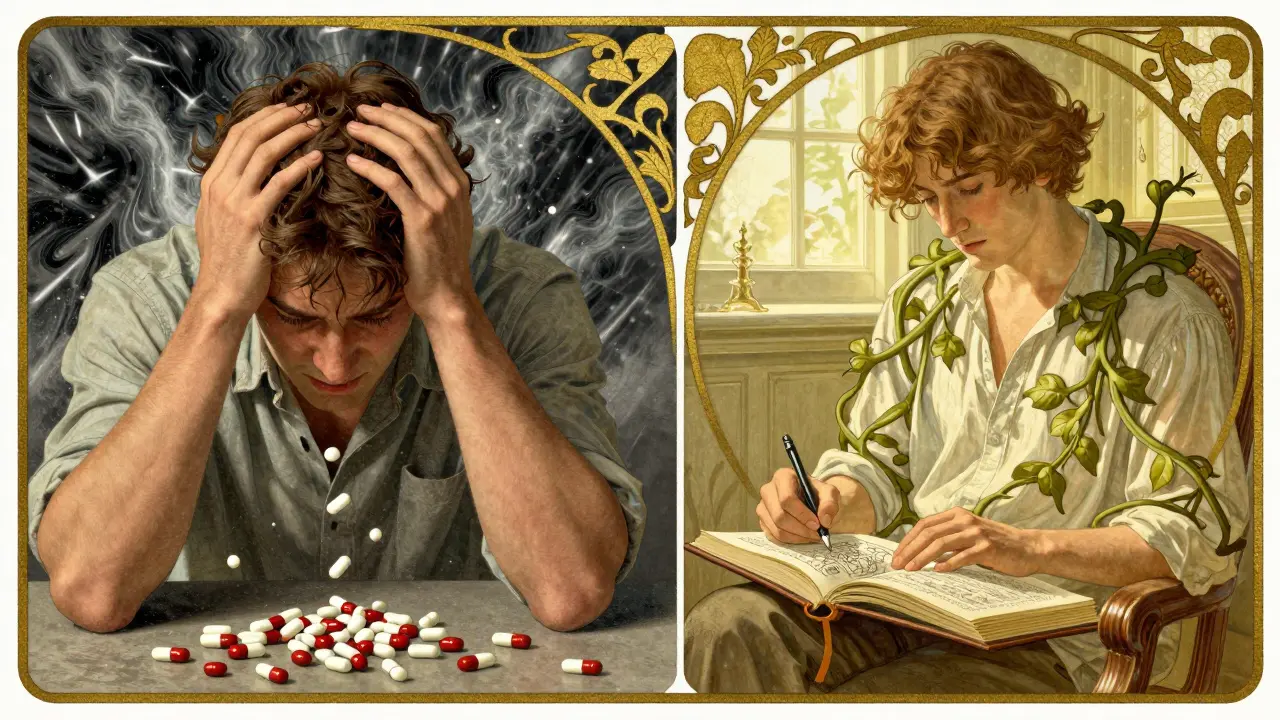 Muž v rozdělené scéně: jedna strana s léky, druhá s terapií a růstoucími větvemi.