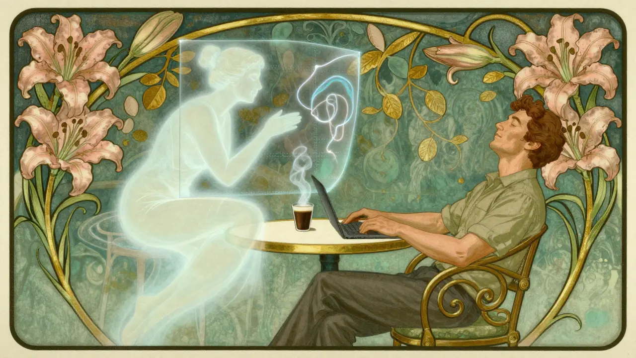 Pracovník v berlínském kavárně je spojen s terapeutem skrze zářivou obrazovku, květy se vinou kolem stolu.