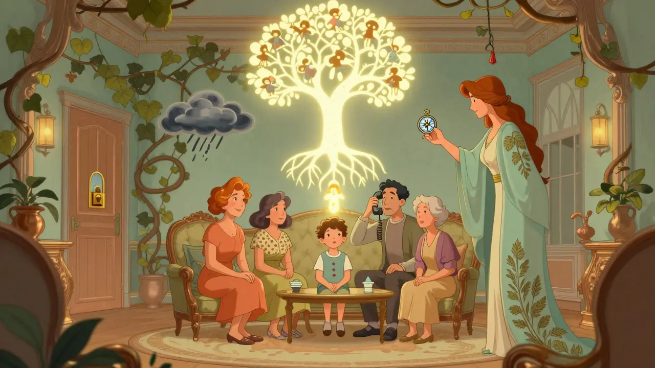 Rodina je spojena kořeny stromu, dítě uprostřed s symboly stresu, terapeut drží kompas k harmonii.