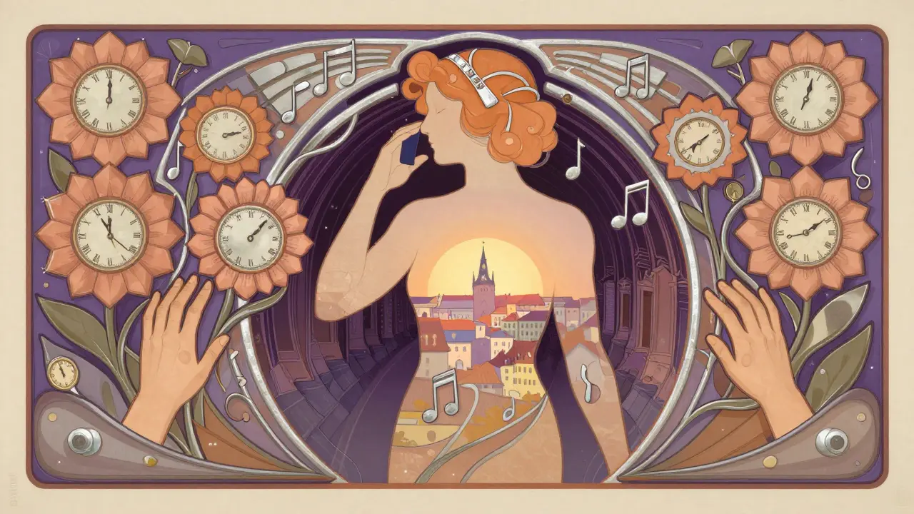 Rozpadlá postava se obnovuje pomocí květů, hodinek a not, symbolizujících malé kroky k uzdravení.