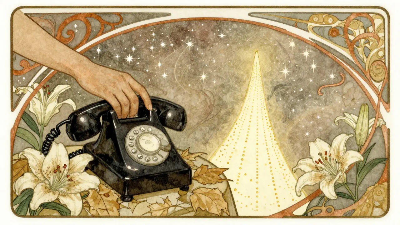 Ruka klade telefon na stůl, vedle něj zářící cesta do hvězdné oblohy.