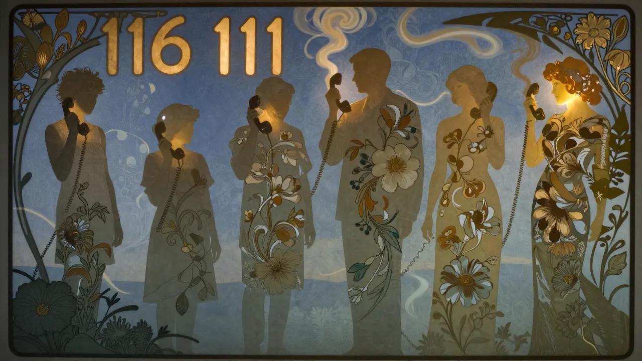 Různí lidé drží telefony, jejich těla se mění v květinové vzory s čísly pomoci.