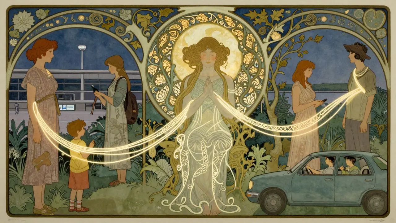 Různí lidé jsou spojeni zářivými větvemi s terapeutem v měsíční zahradě, symbolizující kontinuitu péče.