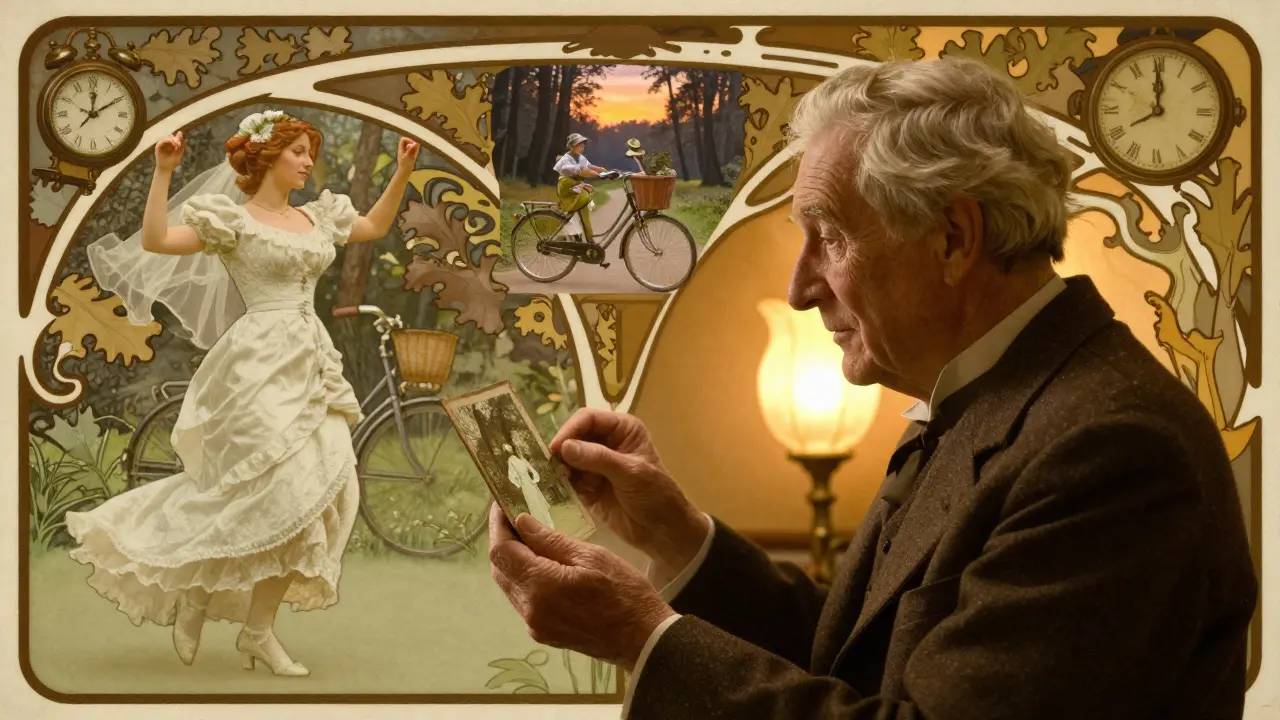 Senior se dívá na starou fotografii, kolem něj plavou vzpomínky z minulosti.