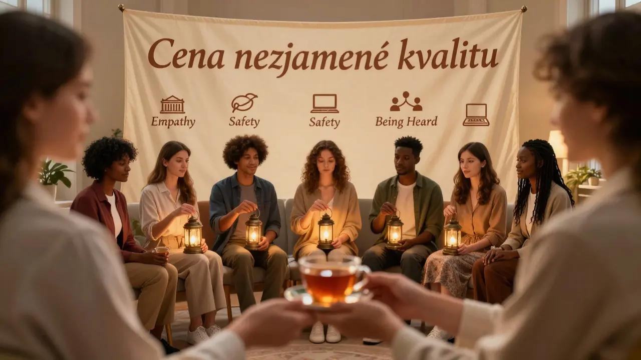 Skupina lidí v klidném prostředí drží laterny s hodnotami empatie a bezpečí, terapeut podává čaj.