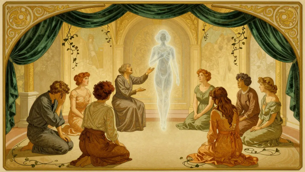 Skupina lidí v terapeutickém prostředí, kde jeden reprezentuje předka, zatímco terapeut vede rituál uznání.