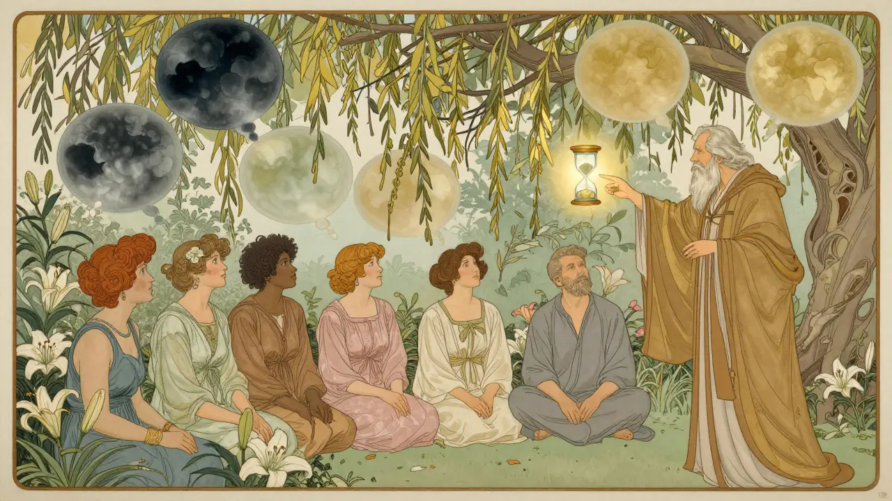 Skupina lidí v zahradě s instruktorem, nad nimi plavou myšlenky, které se mění z temných na světlé.