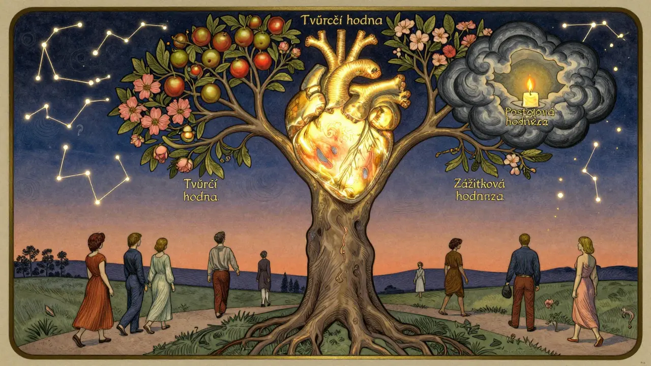 Strom růstoucí z srdce s třemi cestami smyslu: tvorba, zážitek a postoj v tíži.