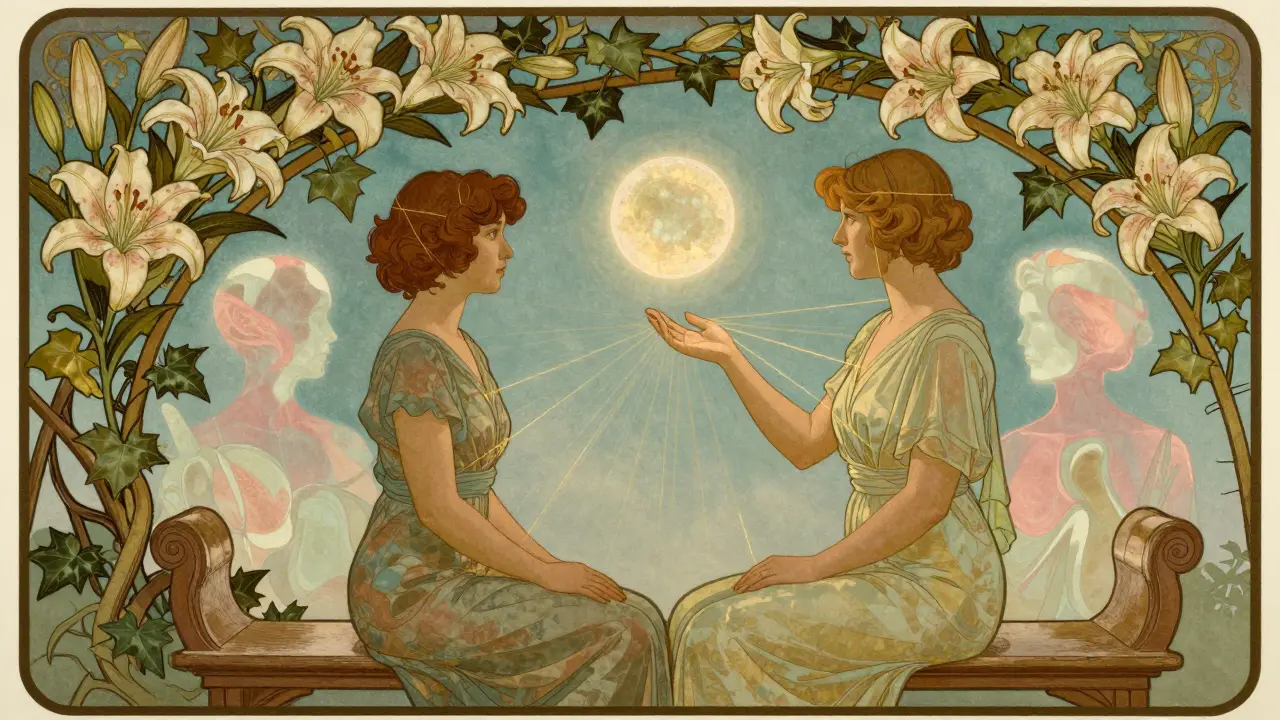 Terapeut a klient sedí pod kvetoucí liánou, spojeni zlatými vlákny bezdotykového přijetí.