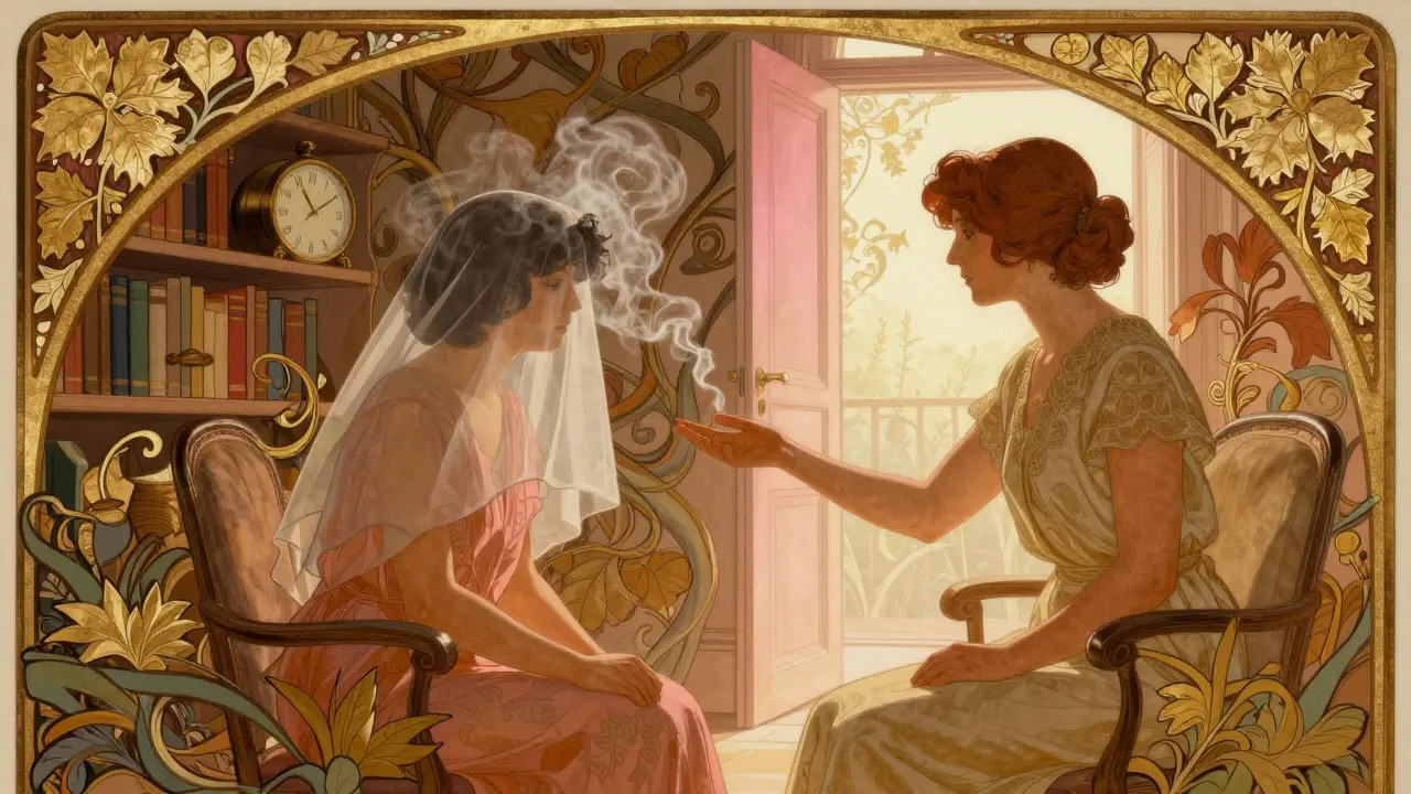 Terapeut a klient sedí v ozdobném pokoji s přírodními motivy, ruce se blíží v klidném okamžiku důvěry.