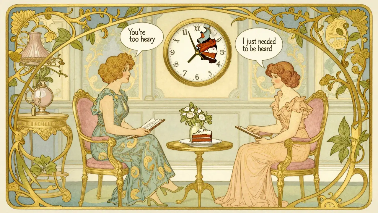 Terapeut a klient v elegantním prostředí, kde rozhovor nahrazuje jídlo jako útěcha.