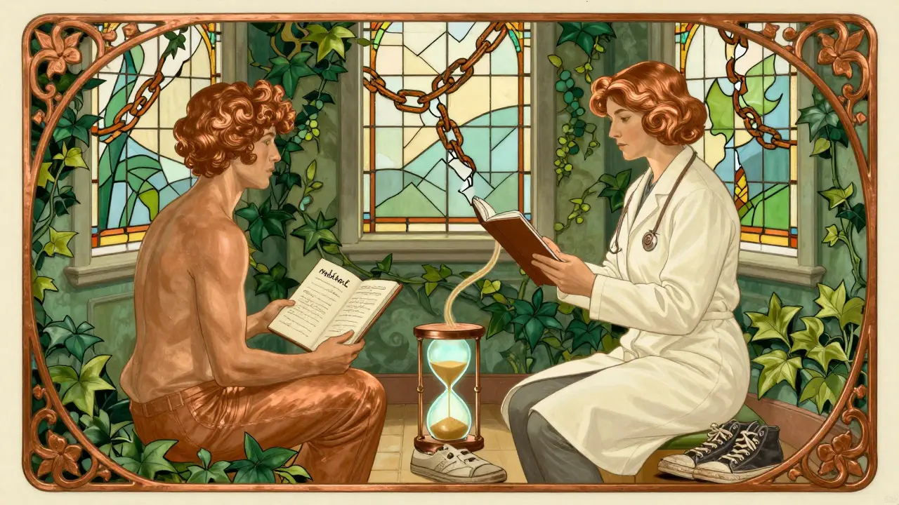 Terapeut a pacientka v ornátním prostředí, kde přerušené řetězy symbolizují osvobození od násilného pohybu.