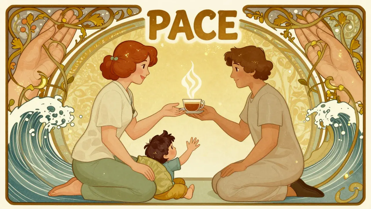 Terapeut, rodič a dítě tvoří vazbu v prostředí s ornamentálními motivy, symbolizující principy PACE.