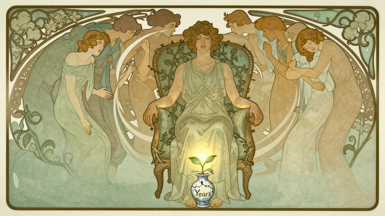 Terapeut sedí v klidu, kolem něj se vznášejí postavy lidí, symbolizující hluboké vztahové vzorce v dlouhodobé terapii.