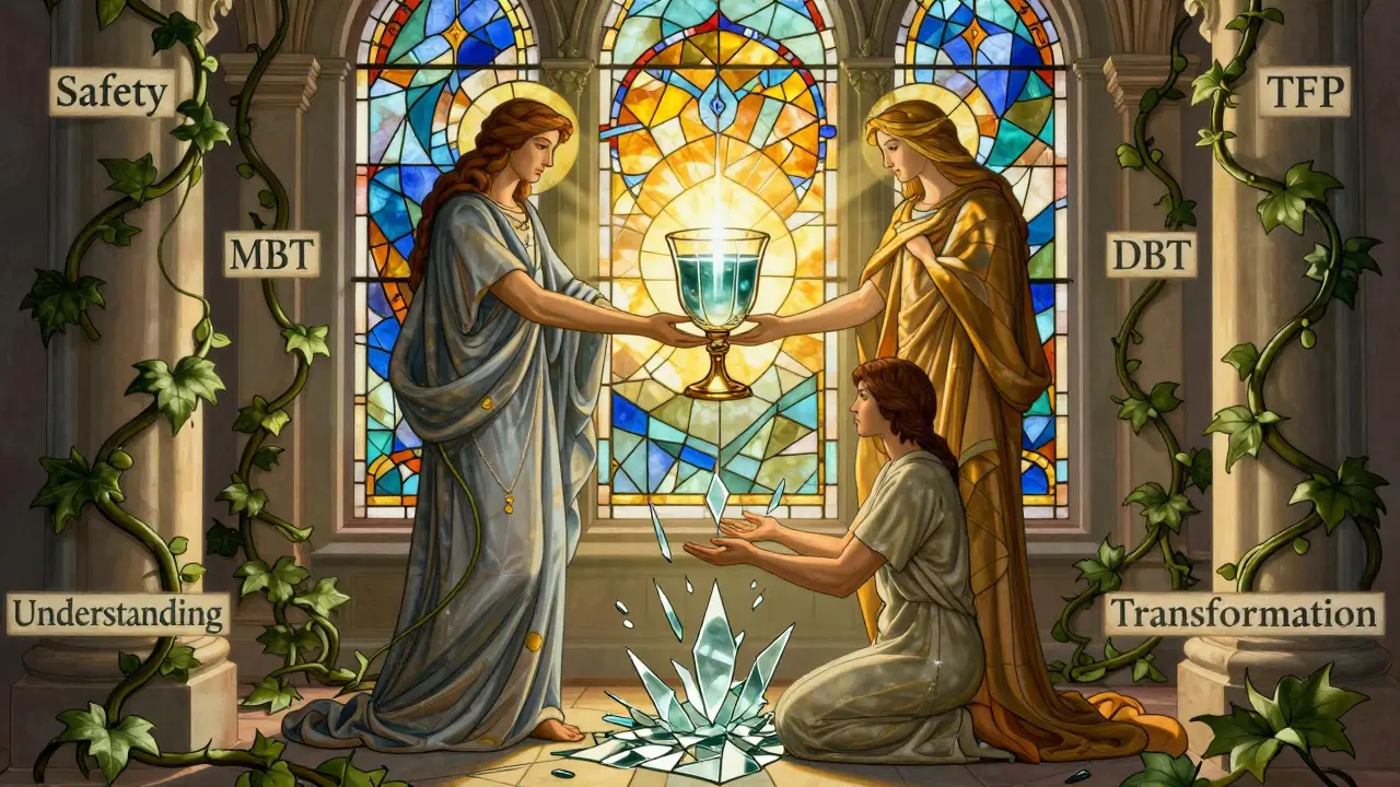 Terapeutická místnost jako chrám se třemi světci v vitrážích a pacientkou, která přeměňuje traumata v mozaiku klidu.