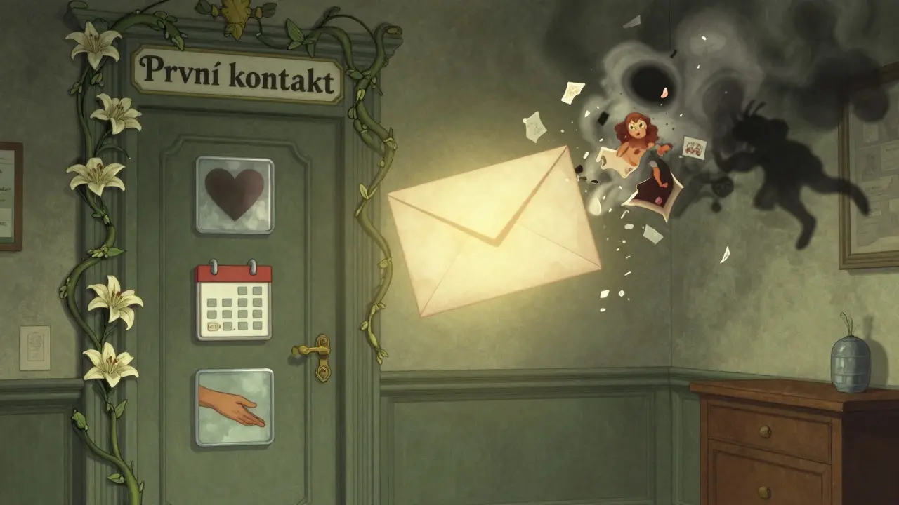 Tři ikony symbolizují klíčové informace pro první kontakt s terapeutem na zdobené dveřích.