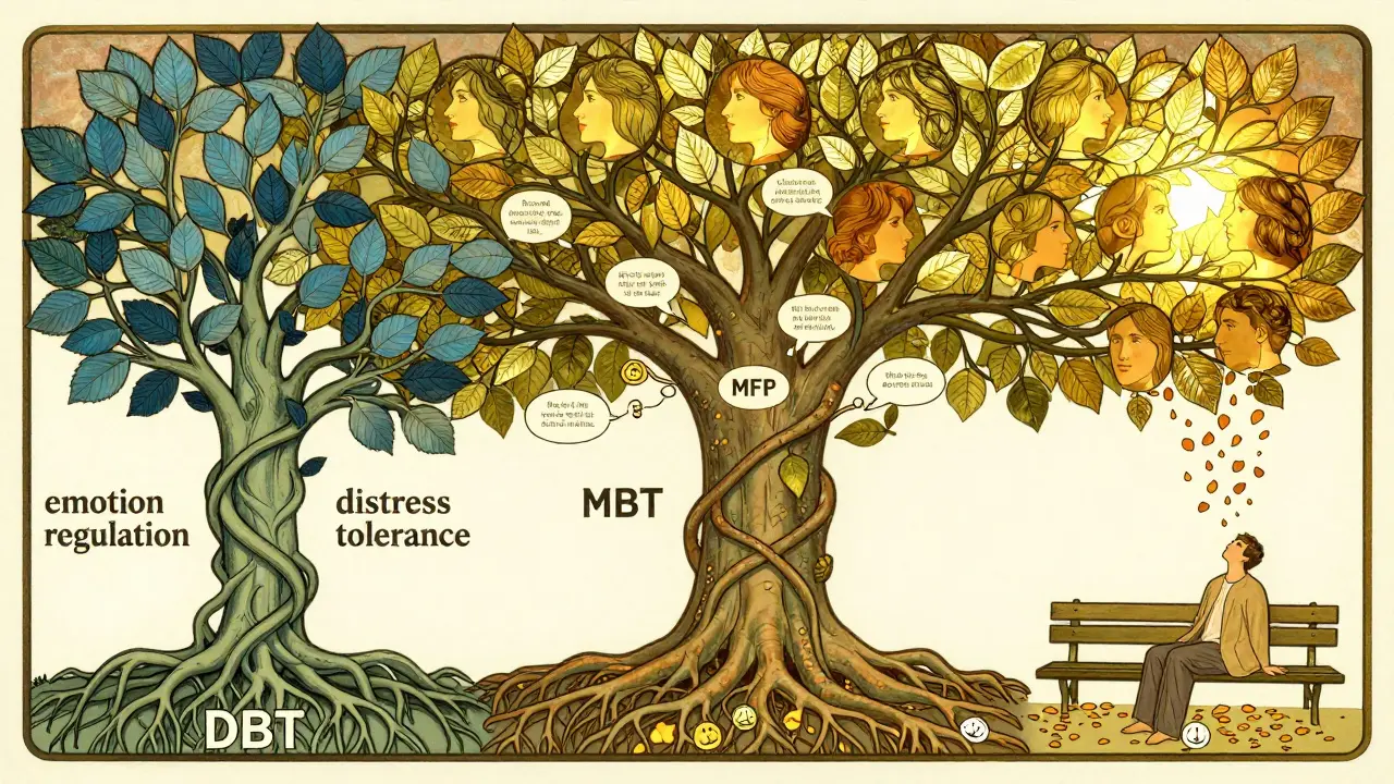 Třístupňový terapeutický proces jako ornátní strom s kořeny, kmenem a korunou symbolizujícími tři terapeutické přístupy.