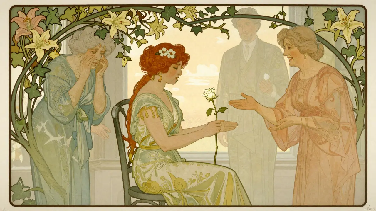 Žena klade růži na prázdný židli, zatímco průzrační předkové se pomalu rozplývají v pozadí.