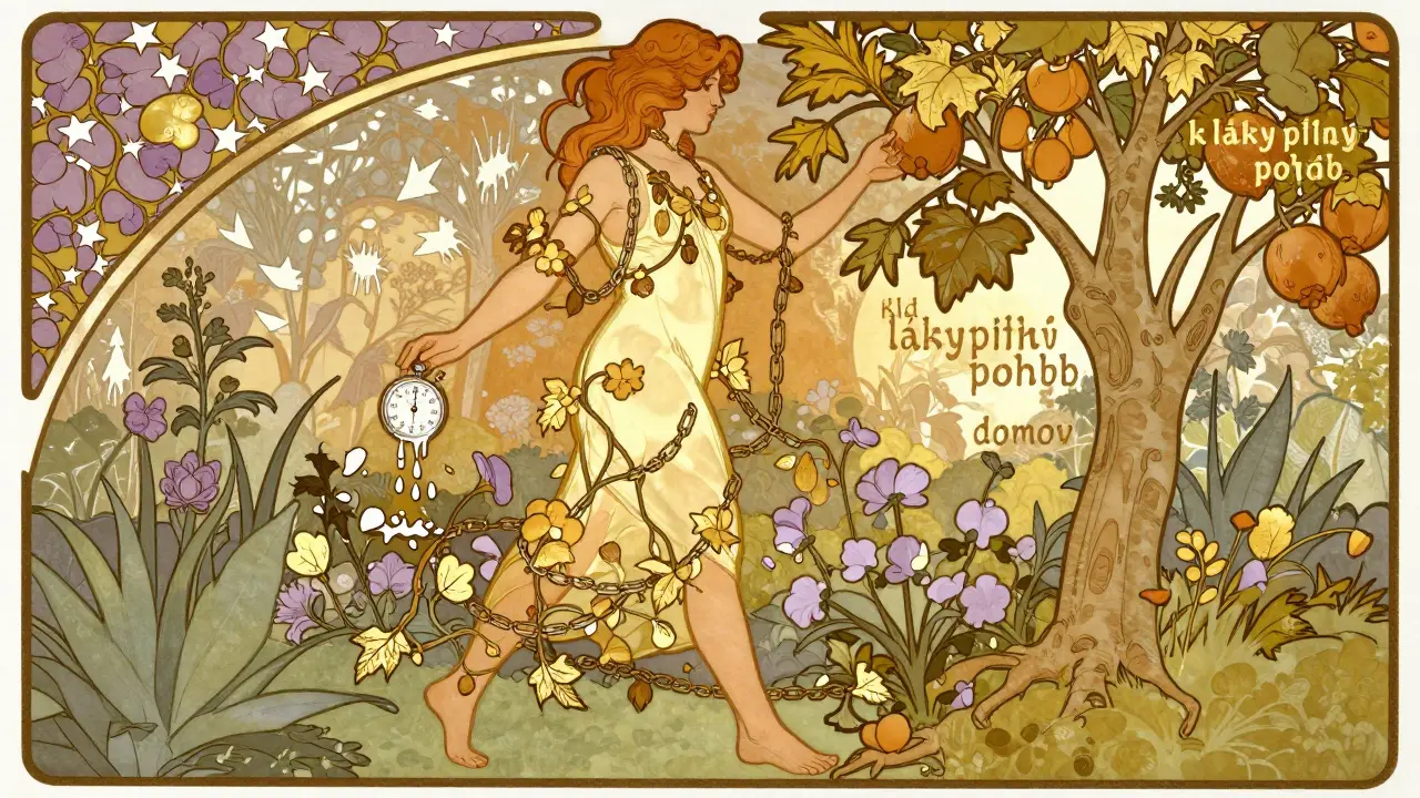Žena kráčí zahradou, kde řetězy změnily v květiny, symbolizující láskyplný pohyb a vnitřní klid.