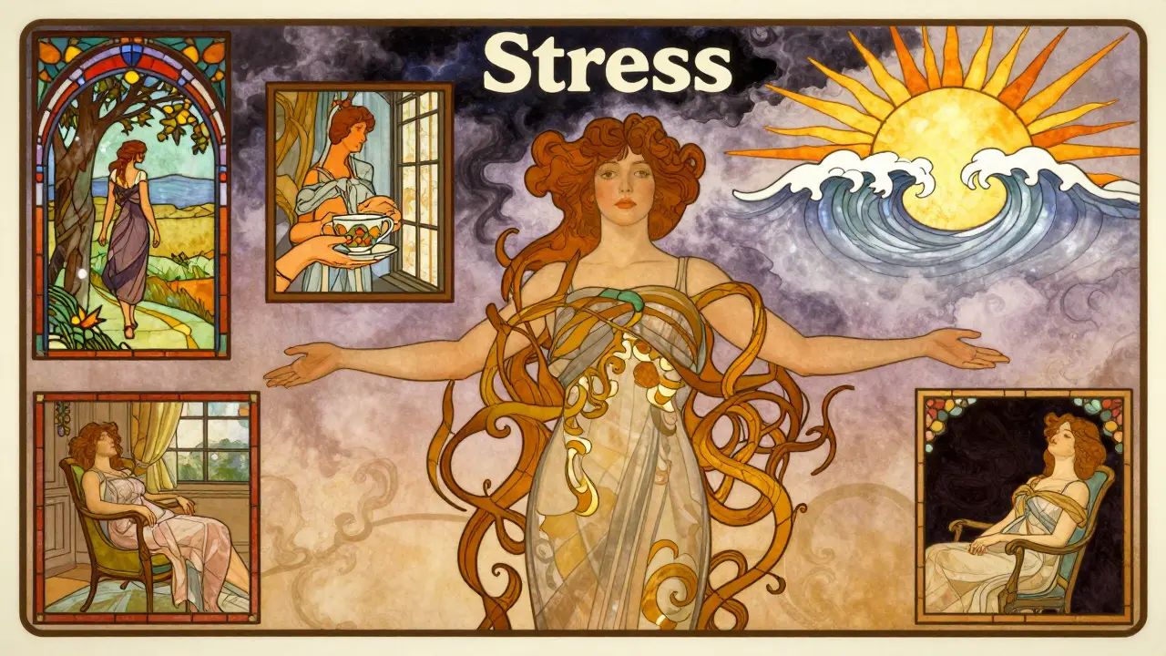 Žena obklopená malými scénami péče o sebe, stres se mění v světlo.