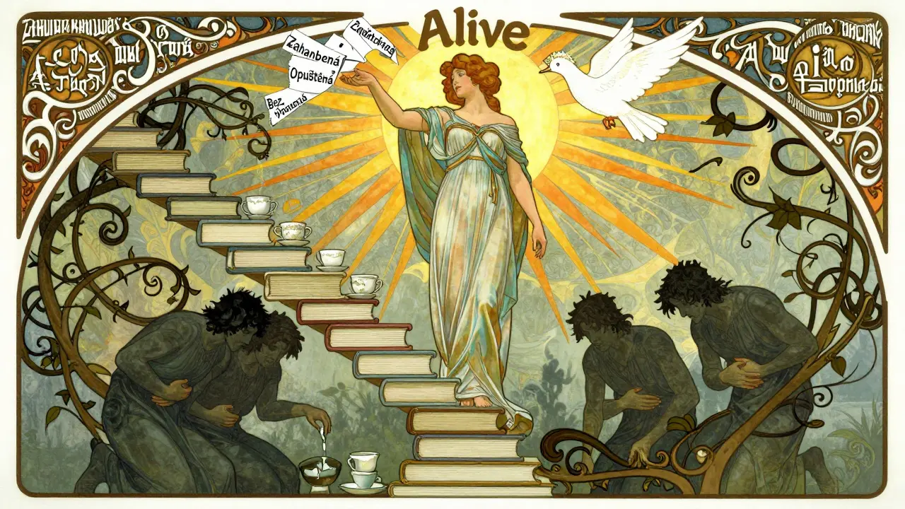 Žena vystupuje po schodech z sešitů směrem ke světlu, zatímco jiní jsou v temnotě s poruchami příjmu potravy.