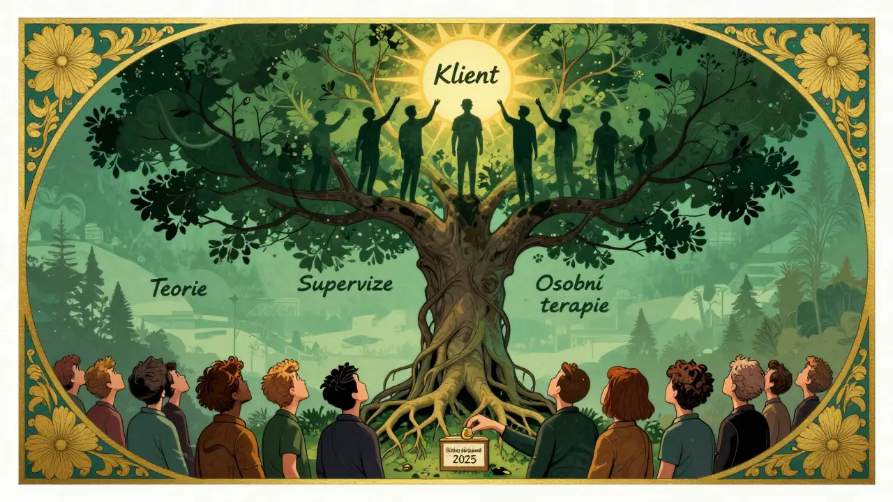 A grand tree representing therapy training with roots and branches, people watching from below with empty wallets.