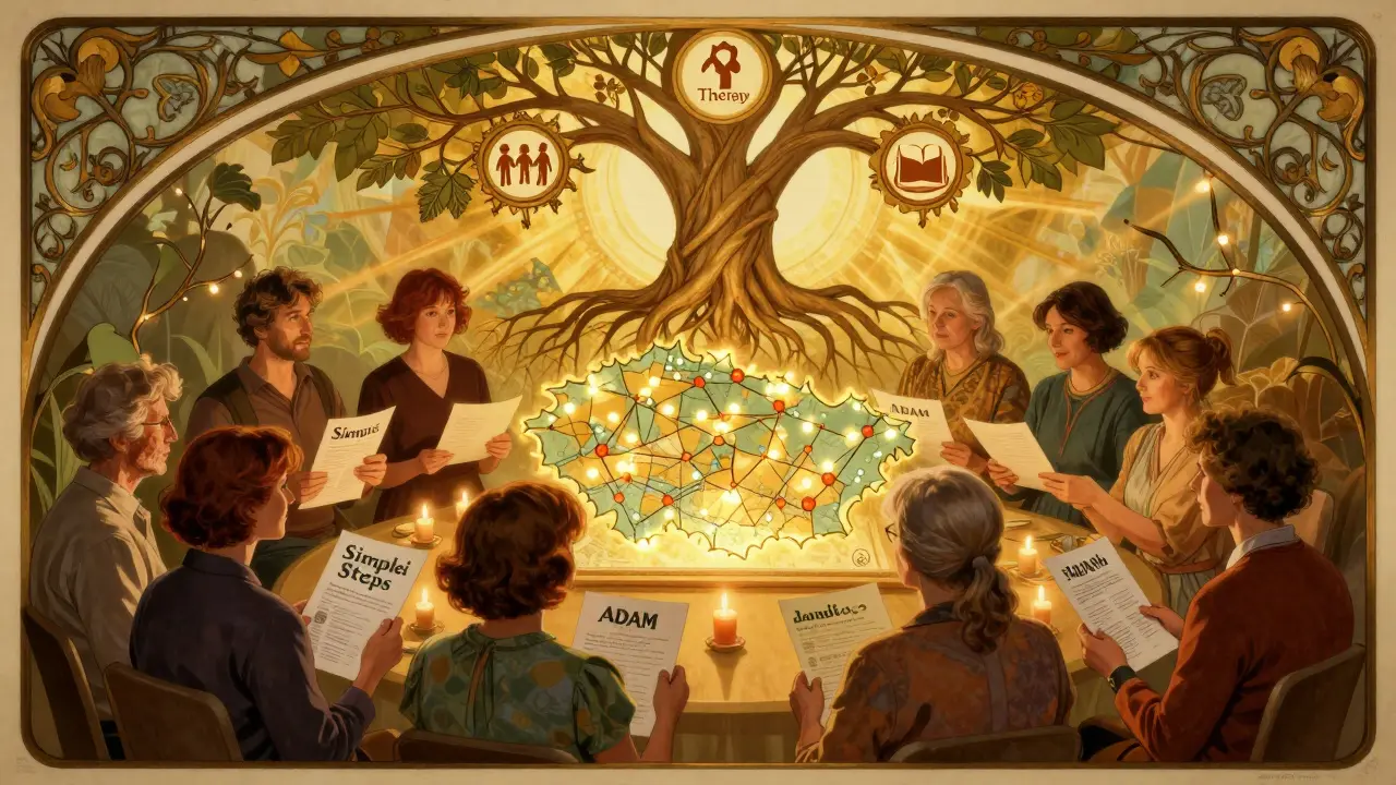 Čeští rodiče v kruhu s mapou ČR a symboly podpory, označující přístupnou pomoc všude.