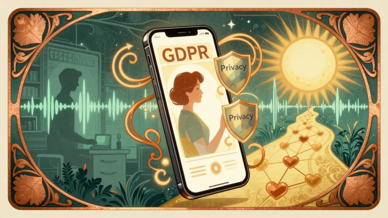 Chytrý telefon s terapeutem a klientem, obklopený ochrannými symboly a cestou srdcí v art nouveau stylu.