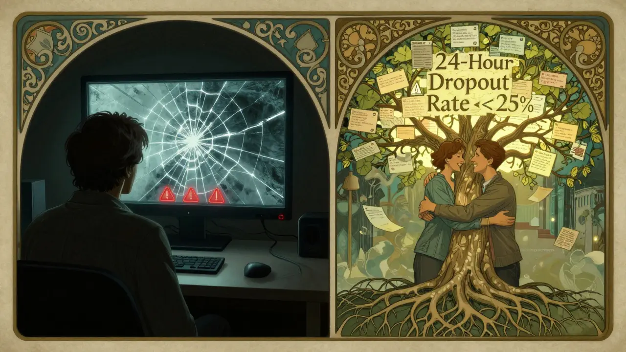 Dvě části scény: jedna s porušeným videovoláním, druhá s klientem pod stromem s terapeutickými zprávami.