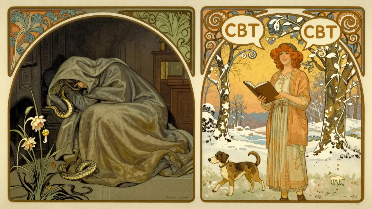 Dvě části scény: temná deprese vlevo, život plný světla a naděje vpravo, propojené květinovými vzory.