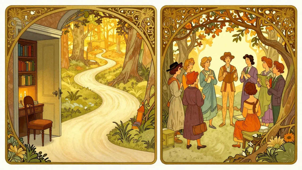 Dvě cesty z jedné dveří: klidná místnost a živá skupina, reprezentující oba formáty terapie.