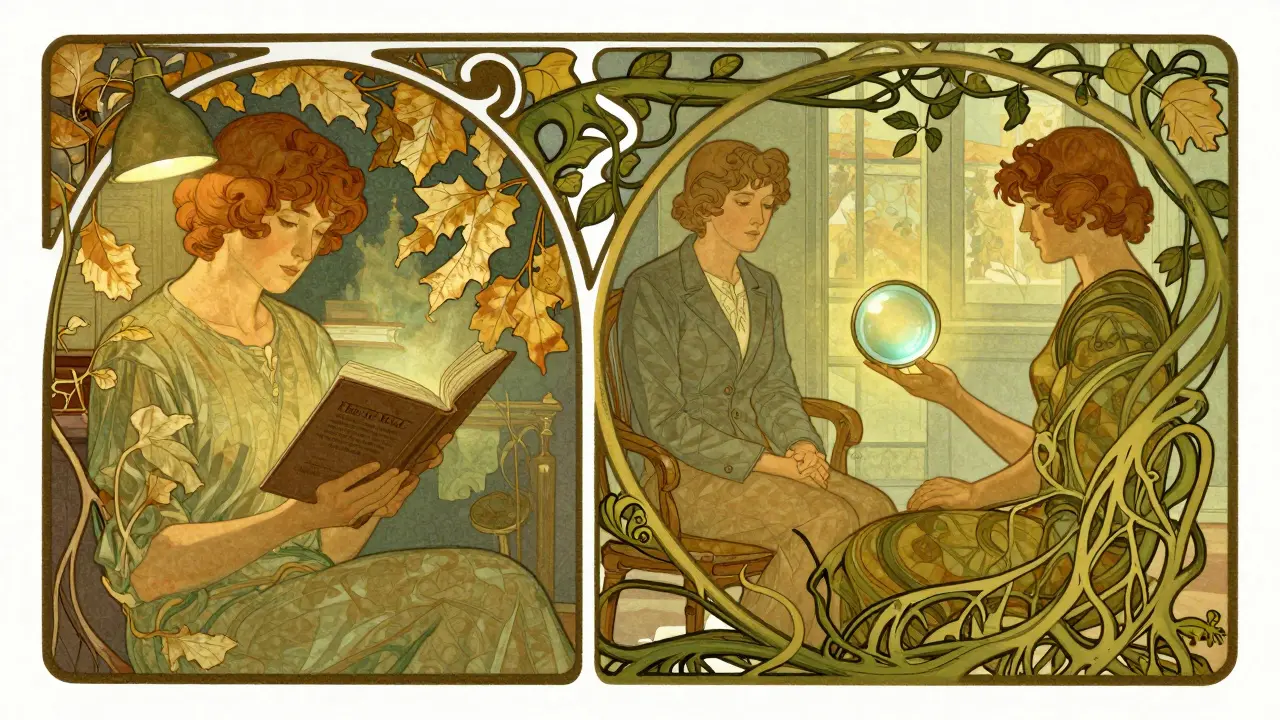 Dvě scény: čtení knihy vs. terapie, symbolizující dočasnou úlevu a trvalou změnu.