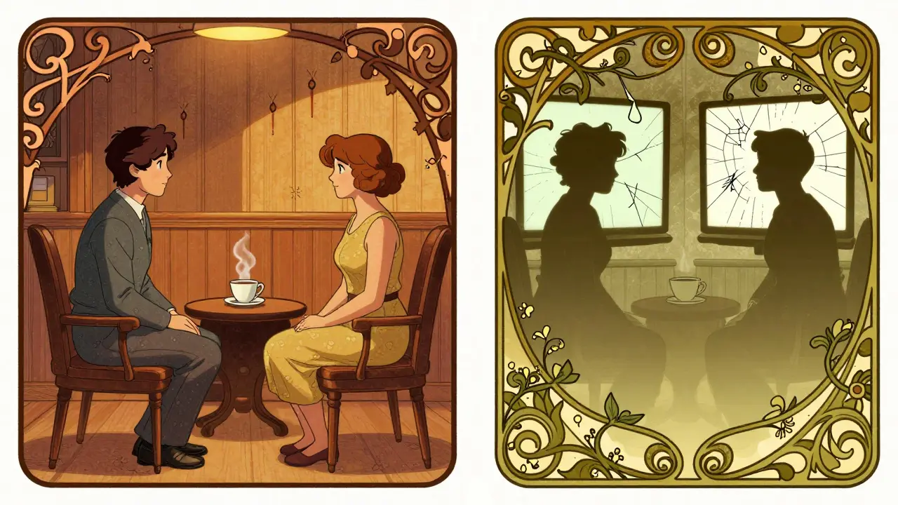 Dvě scény: osobní terapie v teplé místnosti a online sezení s přerušeným obrazem, obě v ornátním rámci.