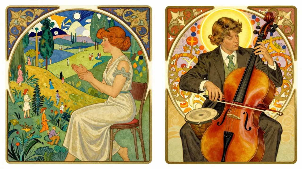 Dvě scény: terapeut analyzuje obraz a terapeut spolu s teenagery hraje hudbu, oba v ornátním rámci.