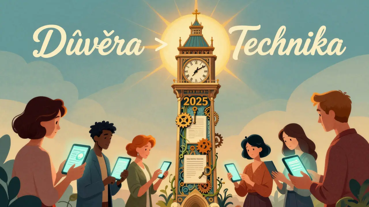 Hodiny 2025 s koly z právních dokumentů a šifrovacích klíčů, pod nimi pacienti přijímají terapii.