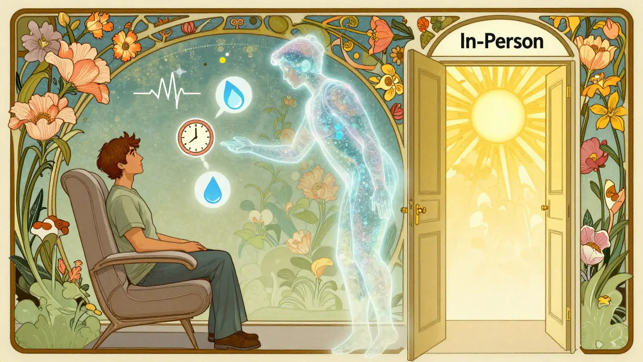 Hybridní terapeutický prostor s fyzickou a digitální verzí terapeuta, obklopený květinami a symboly emocí.