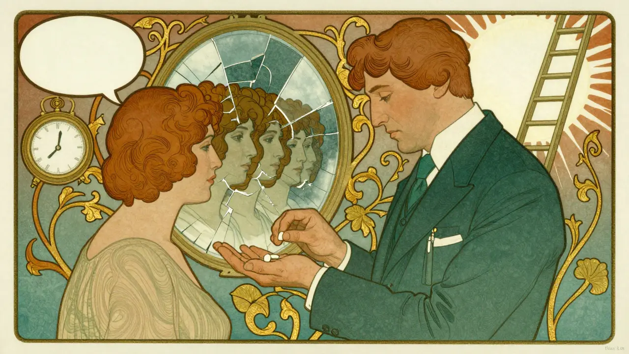 Lékař podává pacientovi jednu tabletu, za nimiž se odráží rozdvojené identity v art nouveau stylu.
